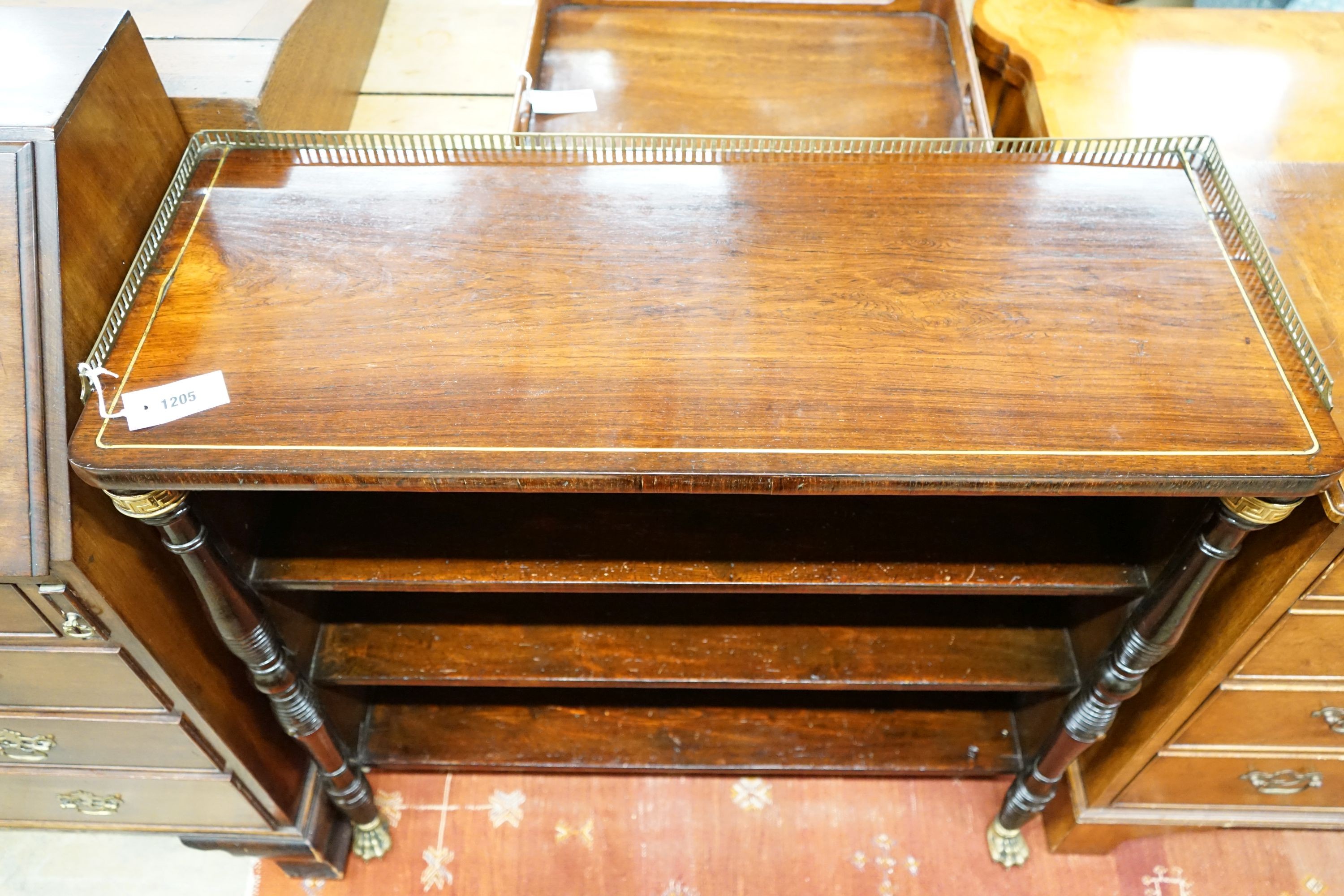 A Regency style brass mounted rosewood and pine dwarf bookcase, width 92cm, depth 37cm, height 87cm